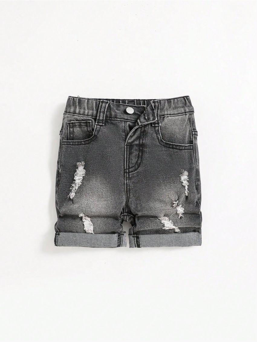 SHEIN Boys' Casual Casual Denim Shorts With Slight Elasticity And Irregular Holes