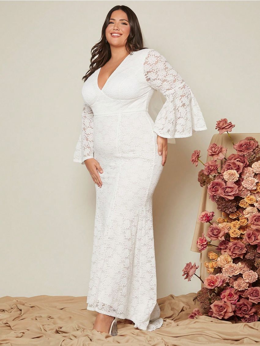 SHEIN Belle Plus Flounce Sleeve Mermaid Hem Lace Wedding Dress