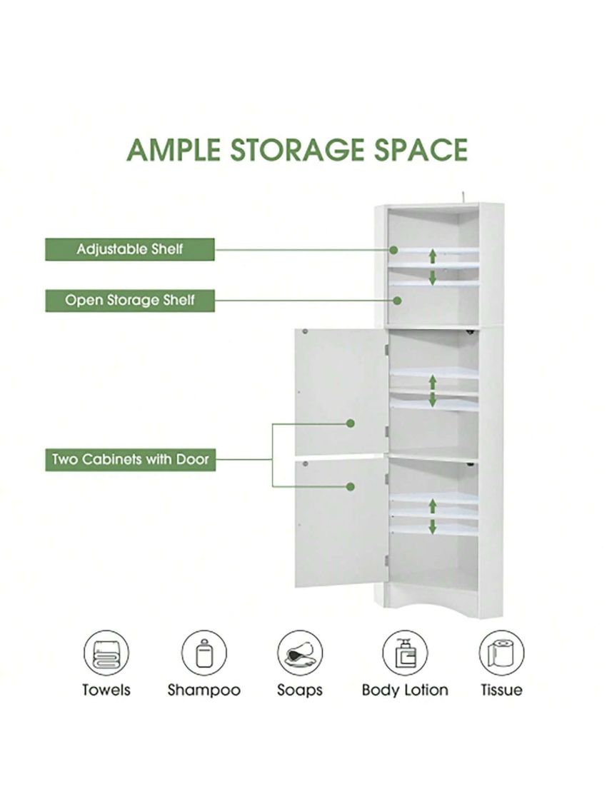 Tall Bathroom Corner Cabinet, Freestanding Storage Cabinet with Doors and Adjustable Shelves, MDF Board, Black