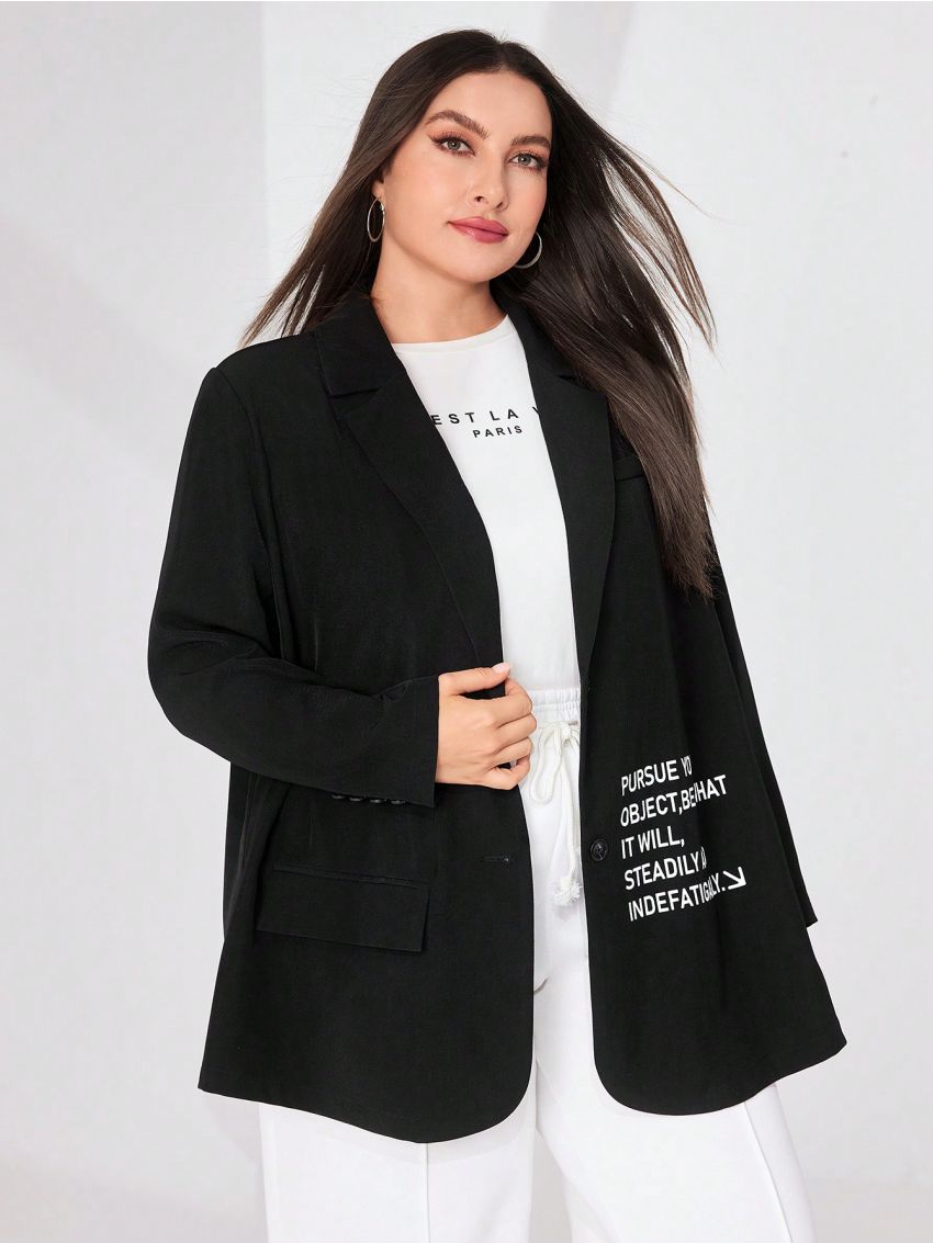 SHEIN Mulvari Plus Size Women'S Long Sleeve Suit Jacket With Slogan Print