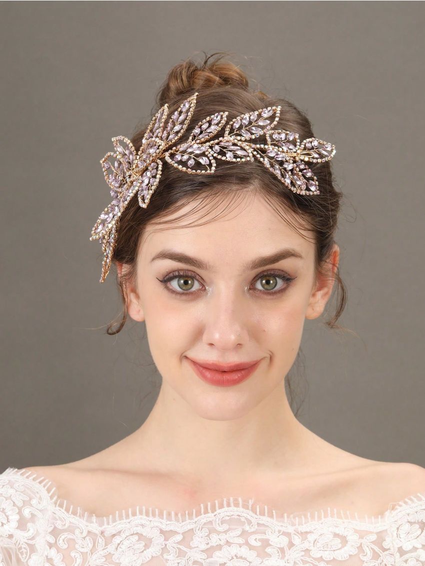 1pc Luxury Crystal Handmade Braided Leaf Colorful Hairband For Brides, Wedding Hair Accessories