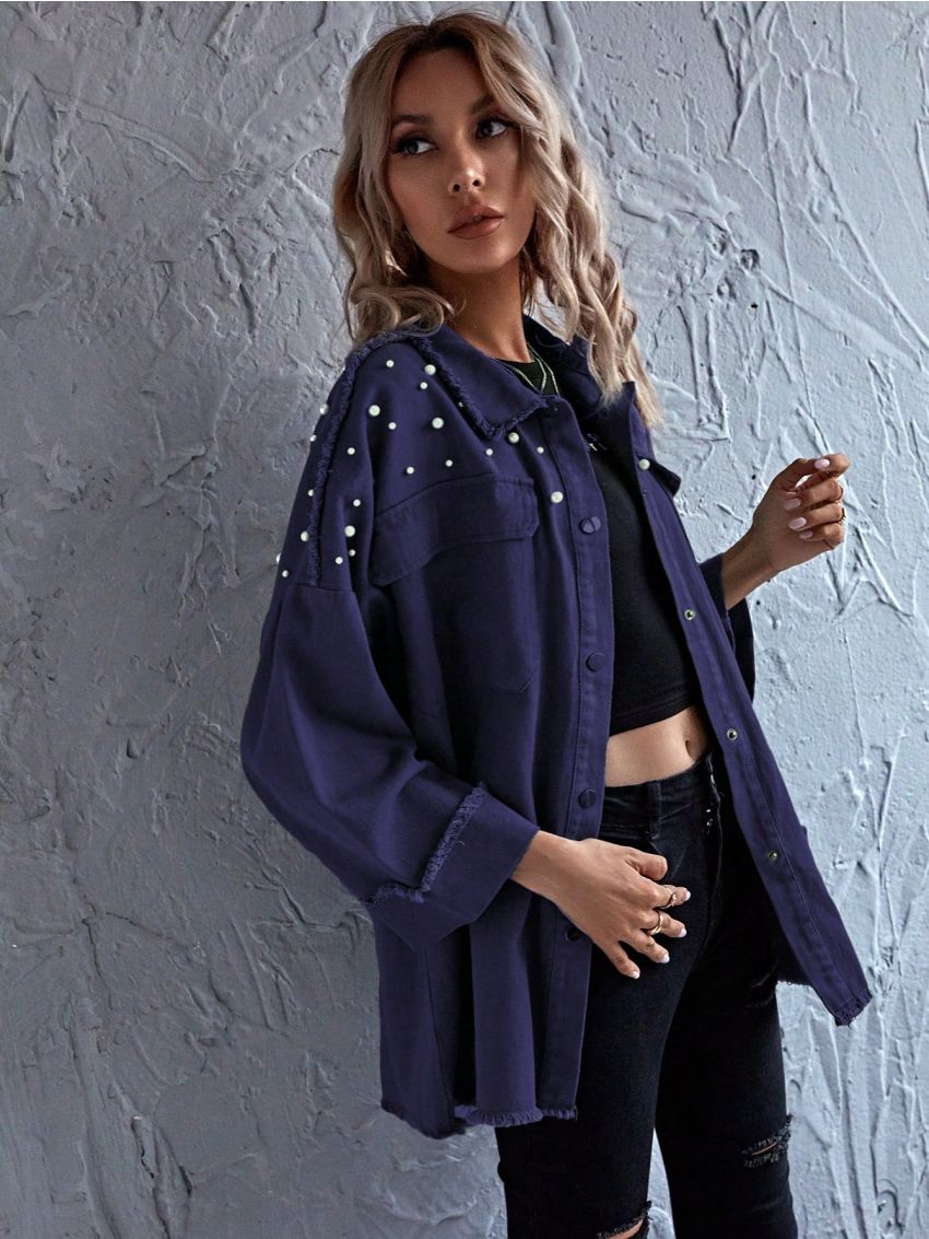 SHEIN LUNE Pearls Beaded Flap Pocket Drop Shoulder Coat