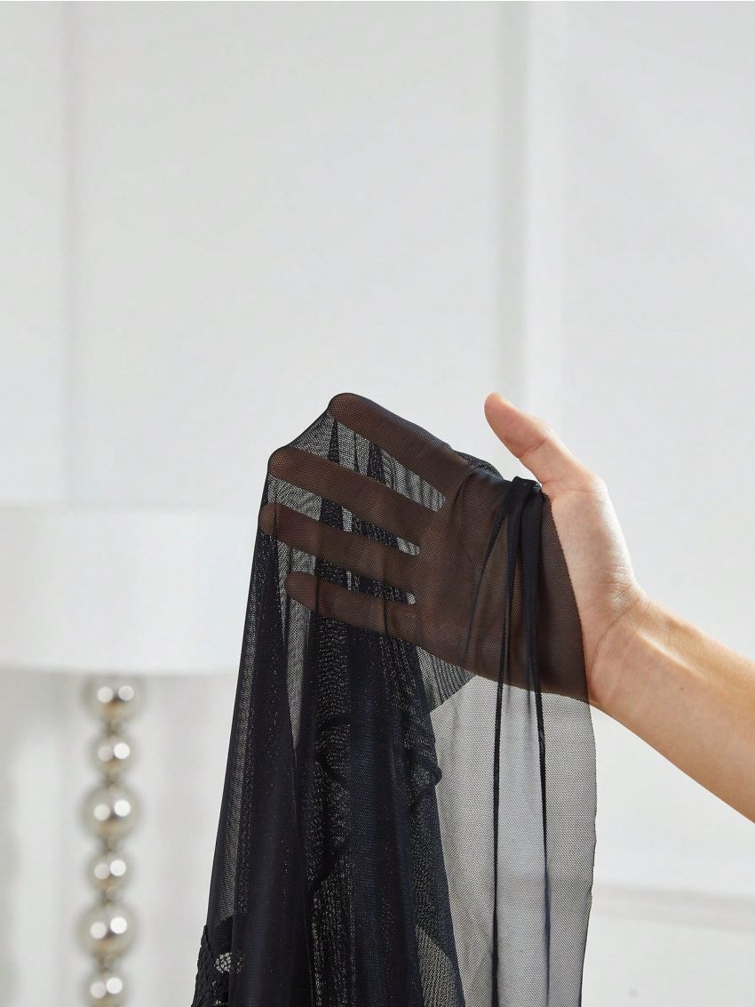 1pc Bow Decor Lace Panel High Slit Mesh Cami Nightgown