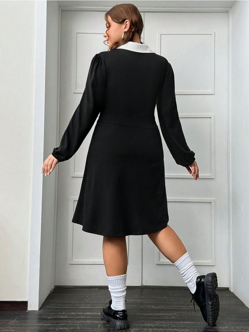SHEIN Qutie Plus Contrast Collar Lantern Sleeve Dress