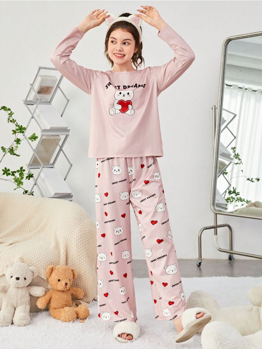 SHEIN 2pcs Teen Girls' Letter & Little Bear Pattern T-shirt And Pants Homewear