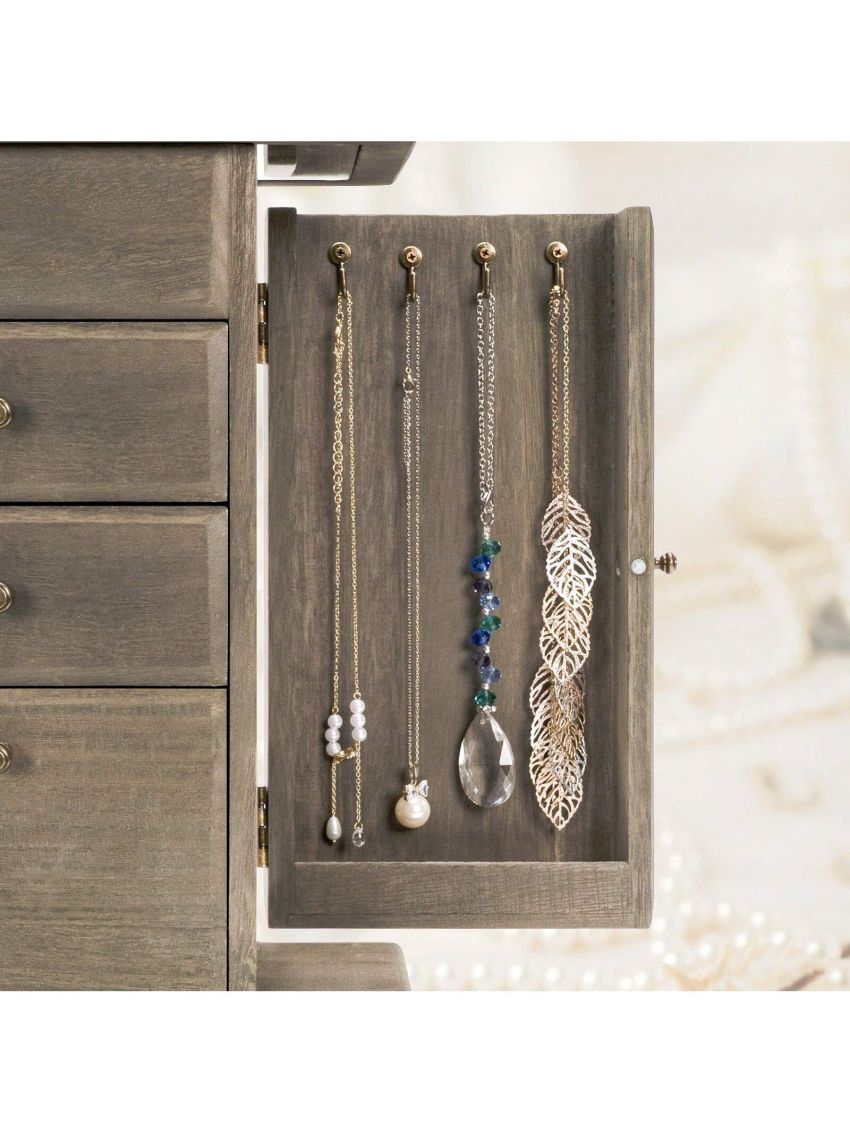 Jewelry Box for Women, Rustic Wooden Jewelry Boxes & Organizers with Mirror, 4 Layer Jewelry Organizer Box Display for Rings Earrings Necklaces Bracelets