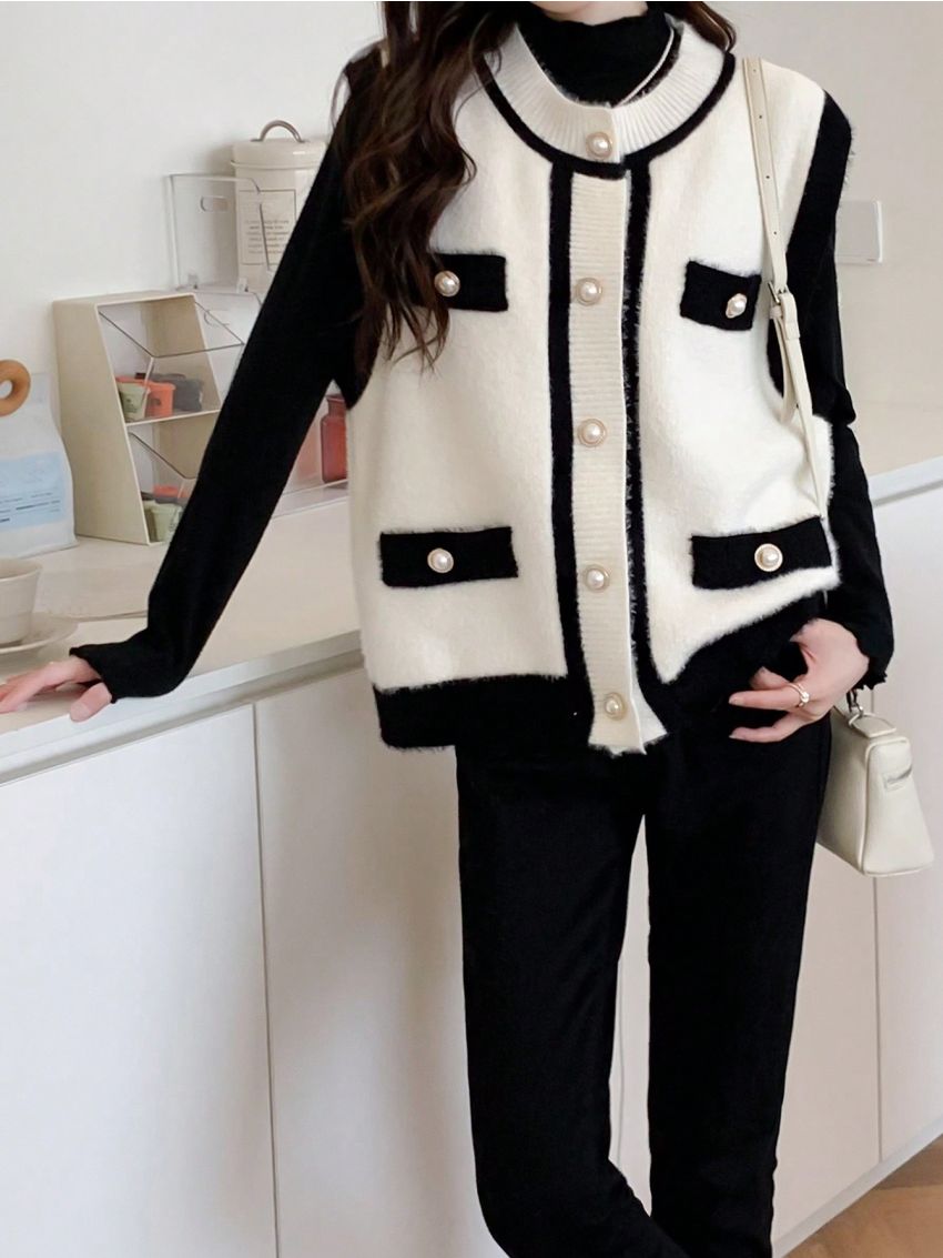 Contrast Trim Button Front Sweater Vest