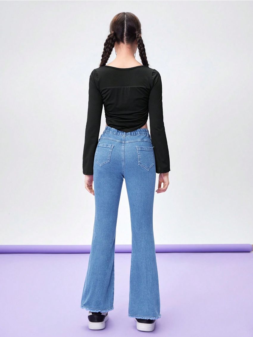 Teen Girls' Casual Comfortable Basic Flared Sleeved Top And Hem Flared Jeans