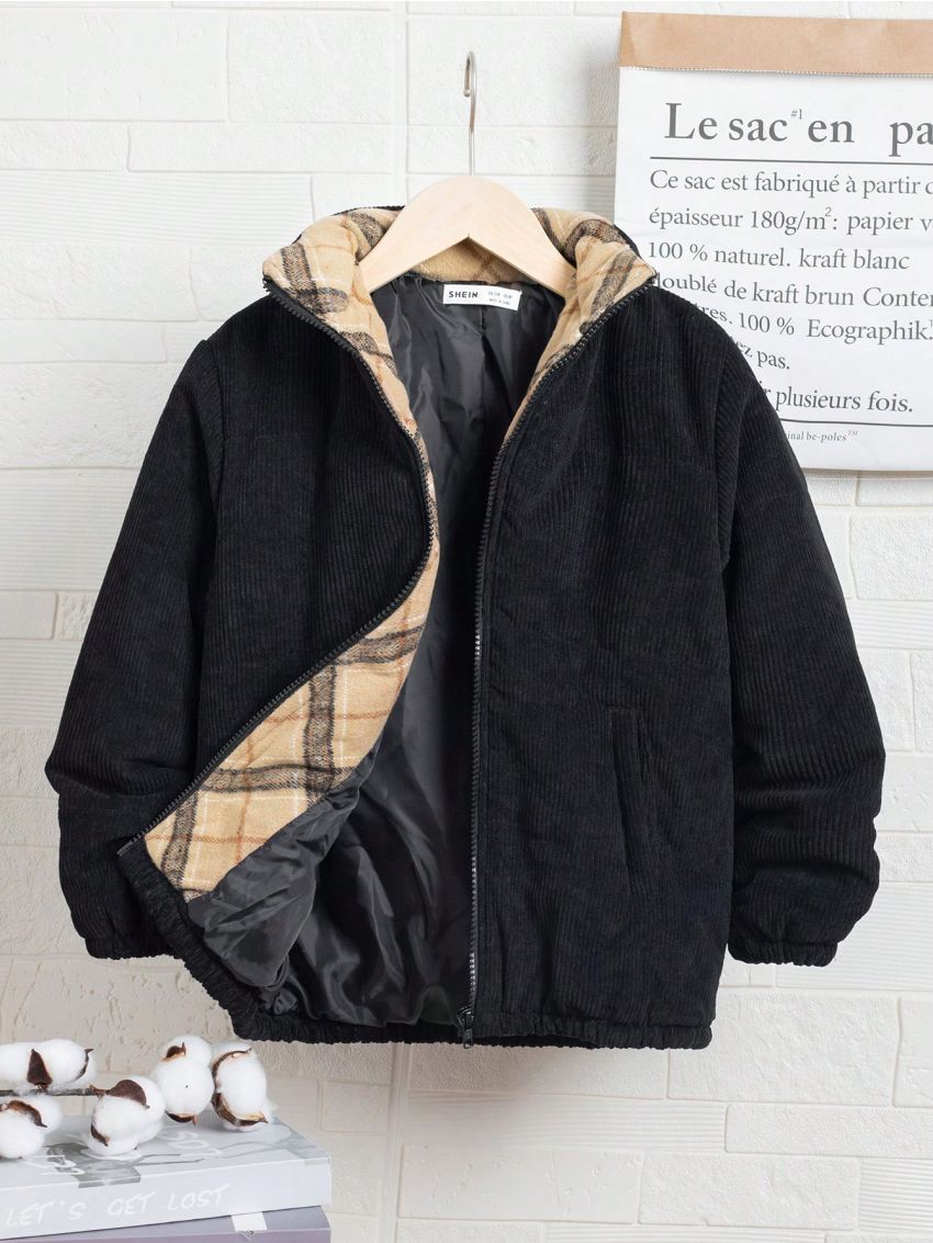 SHEIN Tween Boy Plaid Lined Zip Up Corduroy Winter Coat