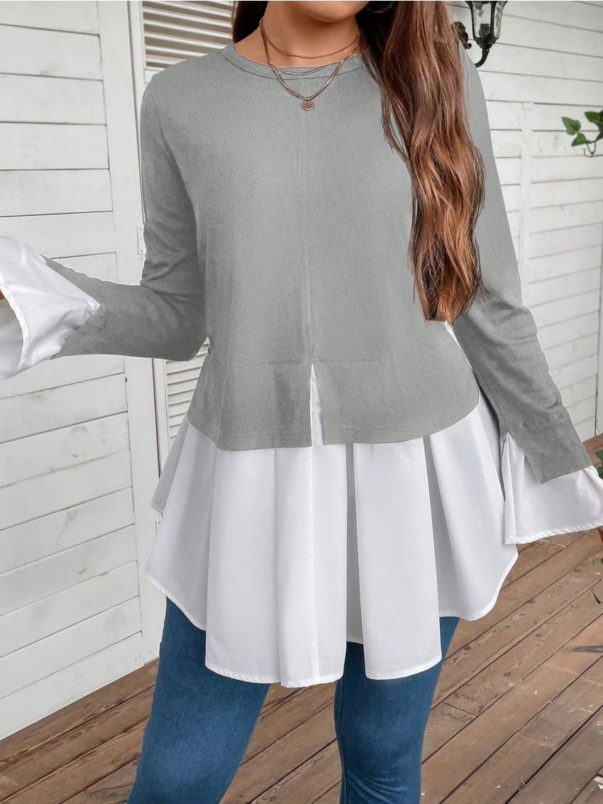 SHEIN LUNE Plus Two Tone Flare Sleeve 2 In 1 Tee