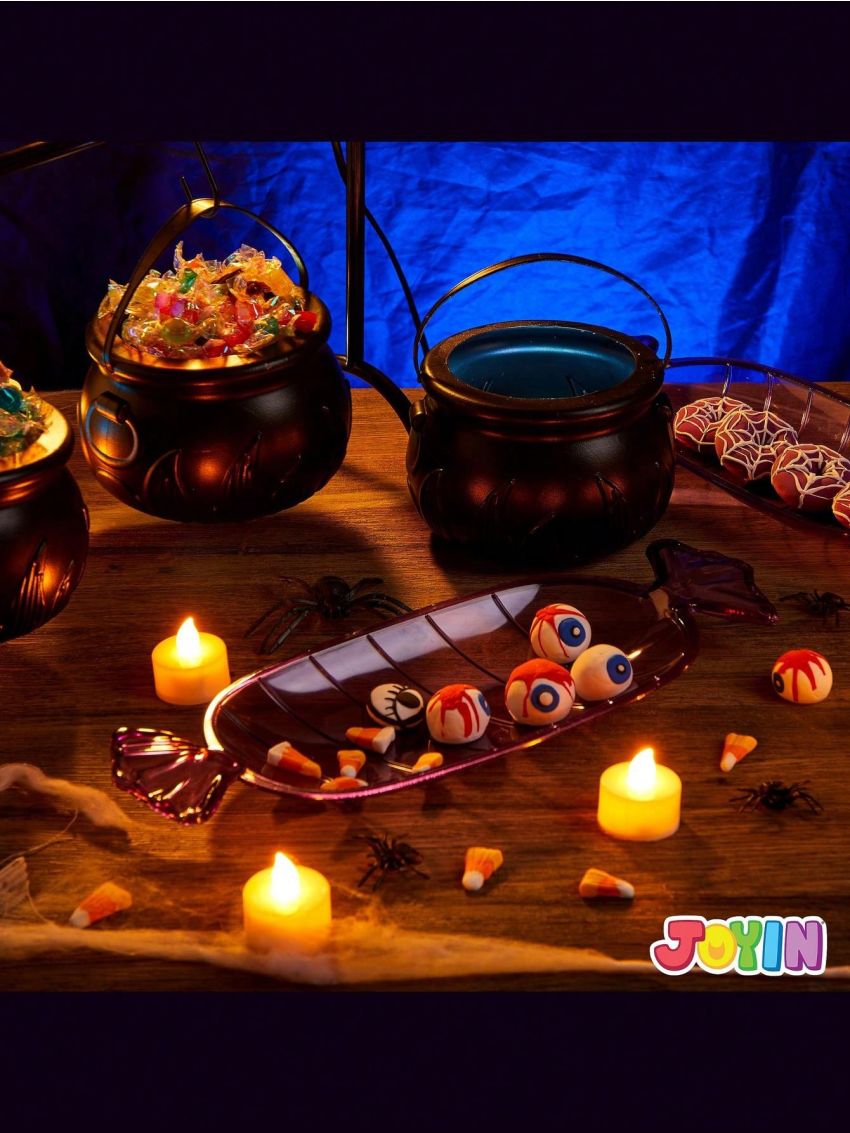 JOYIN 3 Witches Cauldron Serving Bowls, 2 Purple Candy Discs, a Black Metal Shelf with 3 Hooks, 6 PCS Halloween Party Decoration Set Black Plastic Candy Bucket Cauldron Bowls, for Halloween Outdoor and Indoor Decor