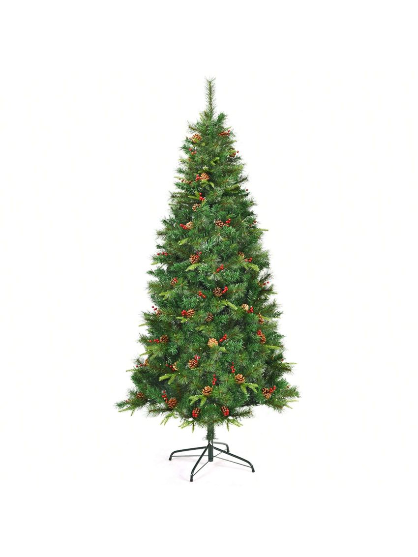 Gymax 7 ft Pre-lit Hinged Christmas Tree Holiday Decor w/ LED Lights Metal Stand