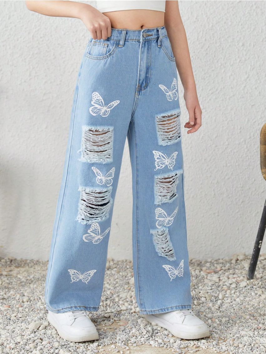SHEIN Tween Girls' Y2K Spring Summer Boho Trendy Butterfly Print Distressed Denim Jeans Pant With Slanted Pockets,Summer Girls Clothes Outfits