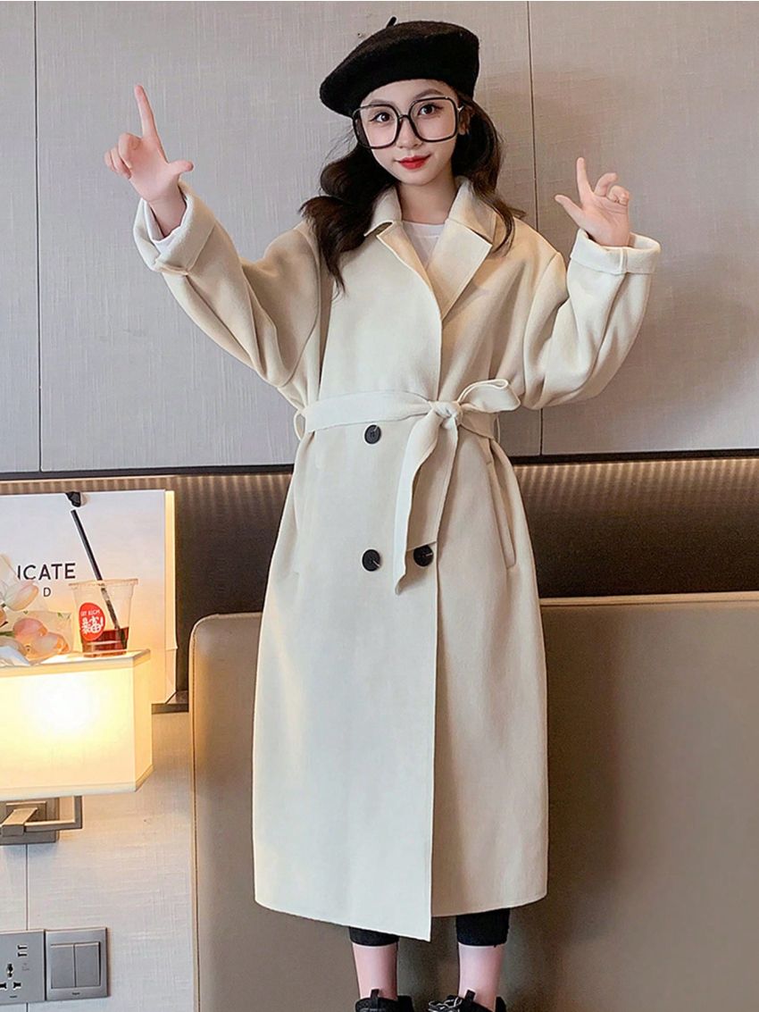 Tween Girl Double Breasted Belted Overcoat