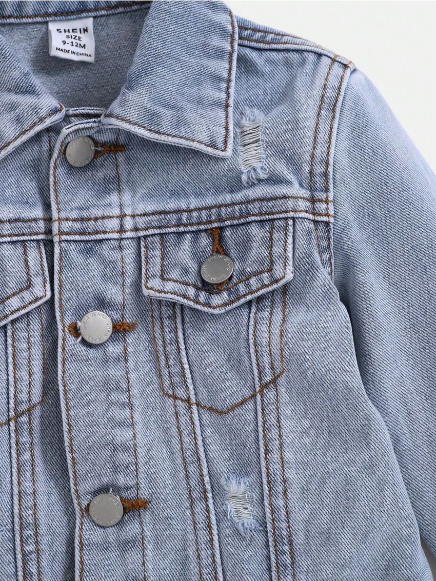 SHEIN Baby Boy Bleach Wash Ripped Flap Pocket Denim Jacket