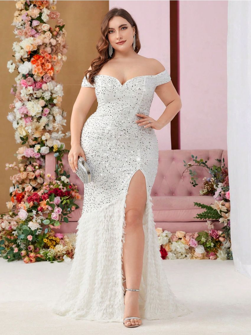 SHEIN Belle Sparkling Sequin & Rabbit Hair Fabric Patchwork Off Shoulder Plus Size Evening Dress With High Slit (Heavy Style)