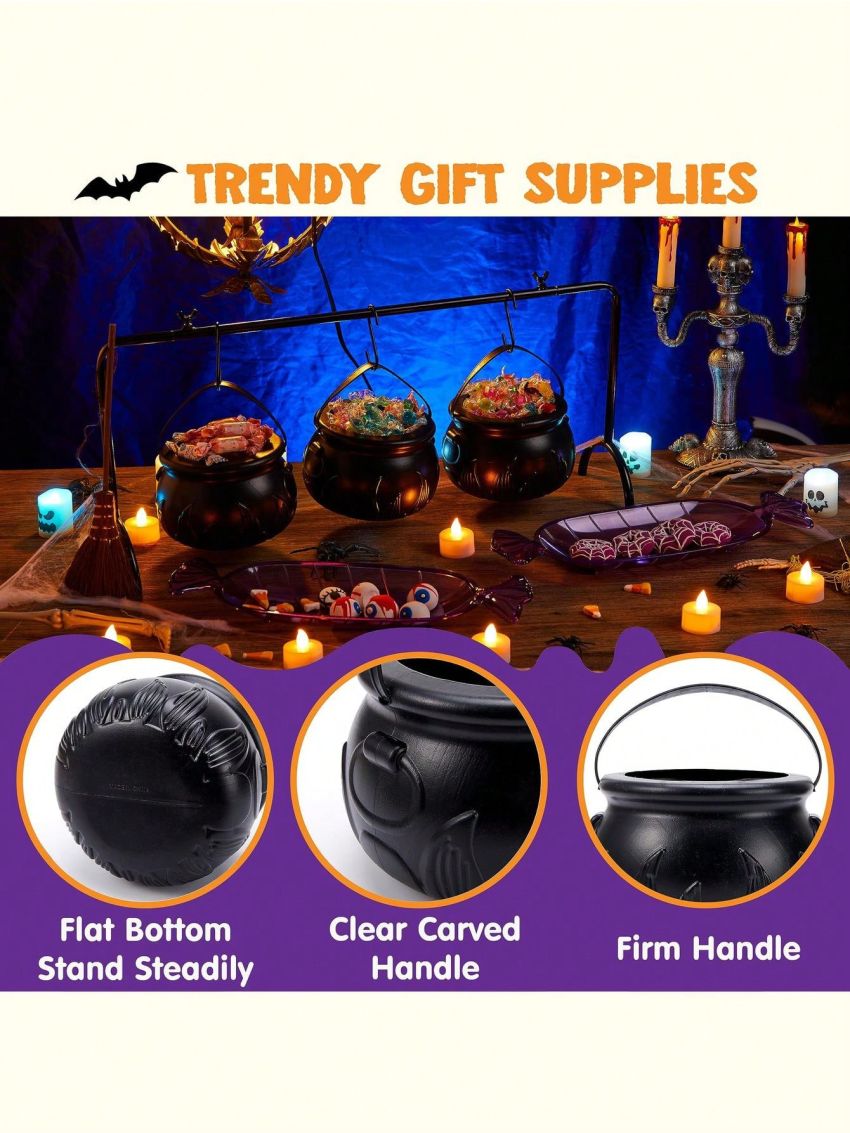 JOYIN 3 Witches Cauldron Serving Bowls, 2 Purple Candy Discs, a Black Metal Shelf with 3 Hooks, 6 PCS Halloween Party Decoration Set Black Plastic Candy Bucket Cauldron Bowls, for Halloween Outdoor and Indoor Decor