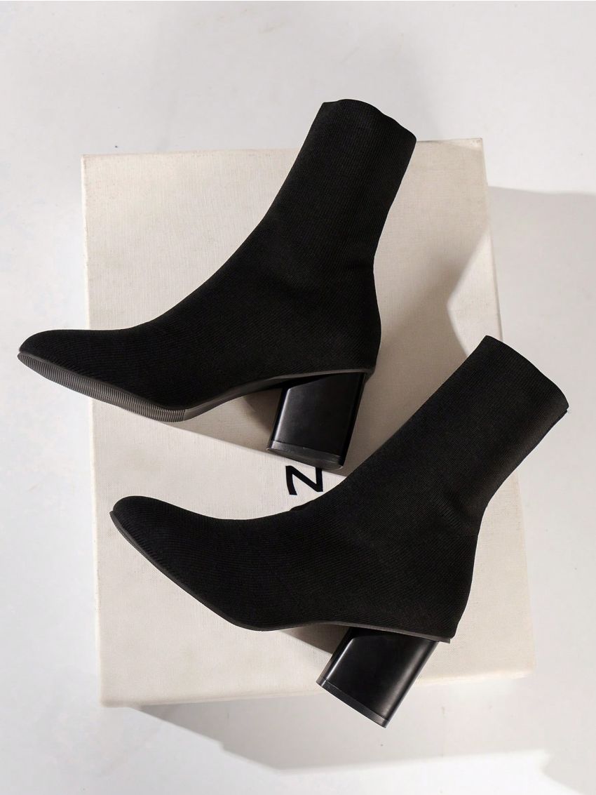 Women's Knit Boots, Christmas 2023 New Mid-calf High-heel Black Fashionable Boots, Women's Autumn Winter Unique Heel Ankle Boots To Look Taller And Slimmer, Women's Short Boots, Black Friday Activity Boots For Women's Holiday Season Style