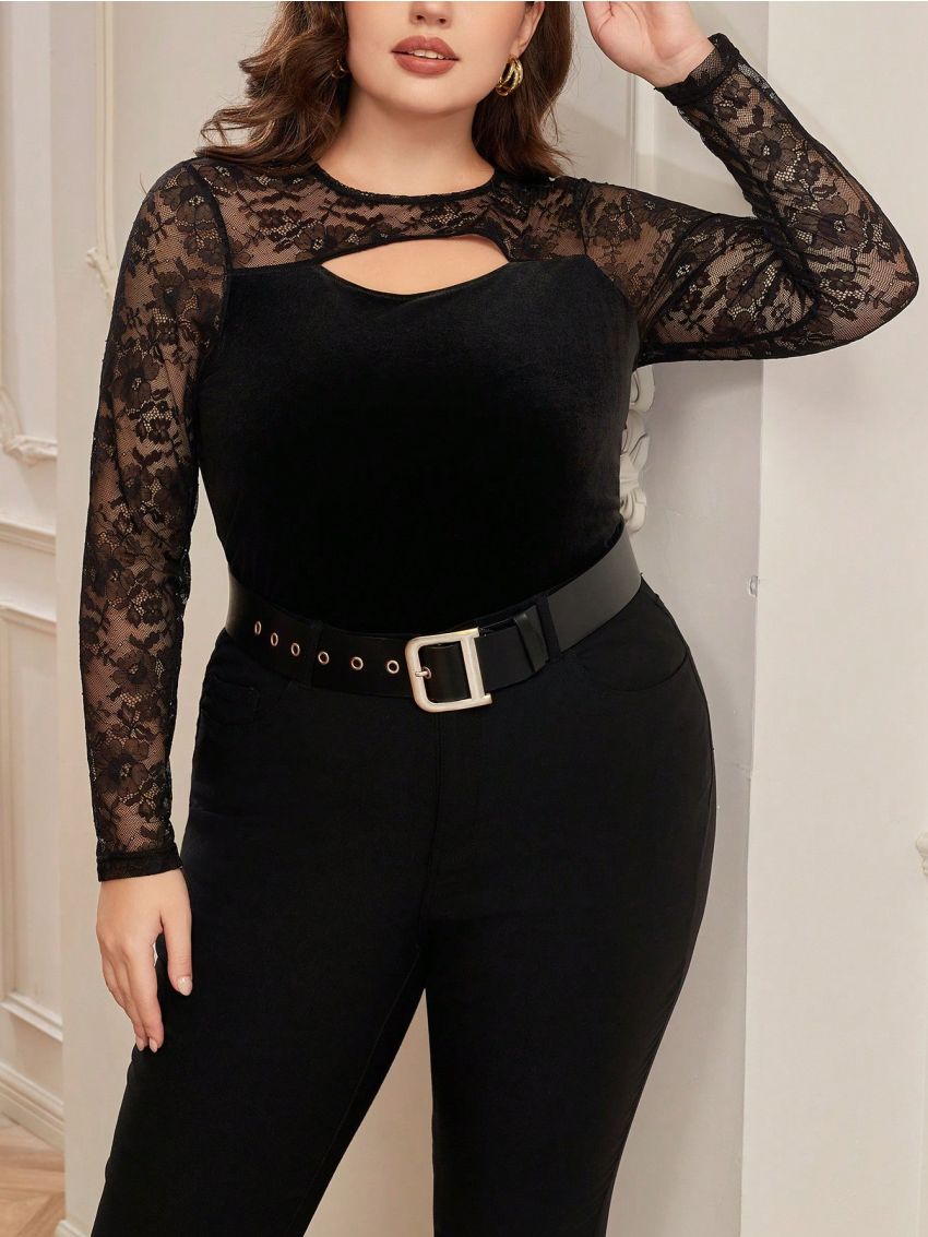 SHEIN Clasi Plus Size Women's Lace Patchwork Hollow Out Blouse