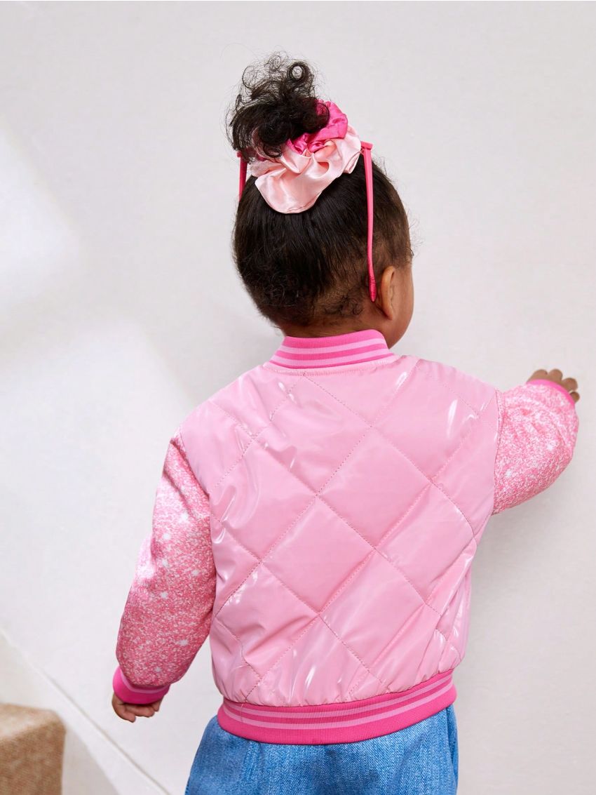 SHEIN Baby Girls' Street Style Diamond Grid Faux Sequin Patterned Fleece Jacket