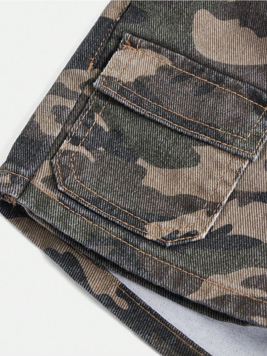 SHEIN Tween Girls' Camouflage Pattern Denim Skort With Asymmetrical Hem