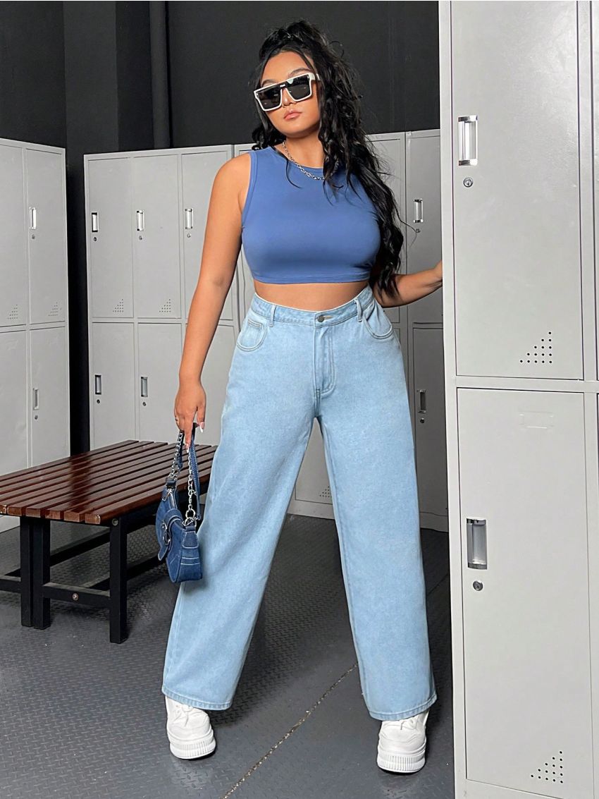 SHEIN ICON Plus Size Denim Wide Leg Pants In Loose And Fashionable Style