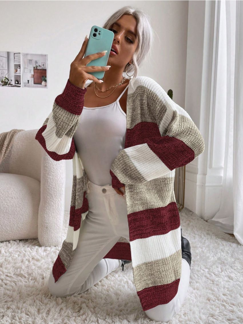 SHEIN Essnce Color Block Drop Shoulder Duster Cardigan