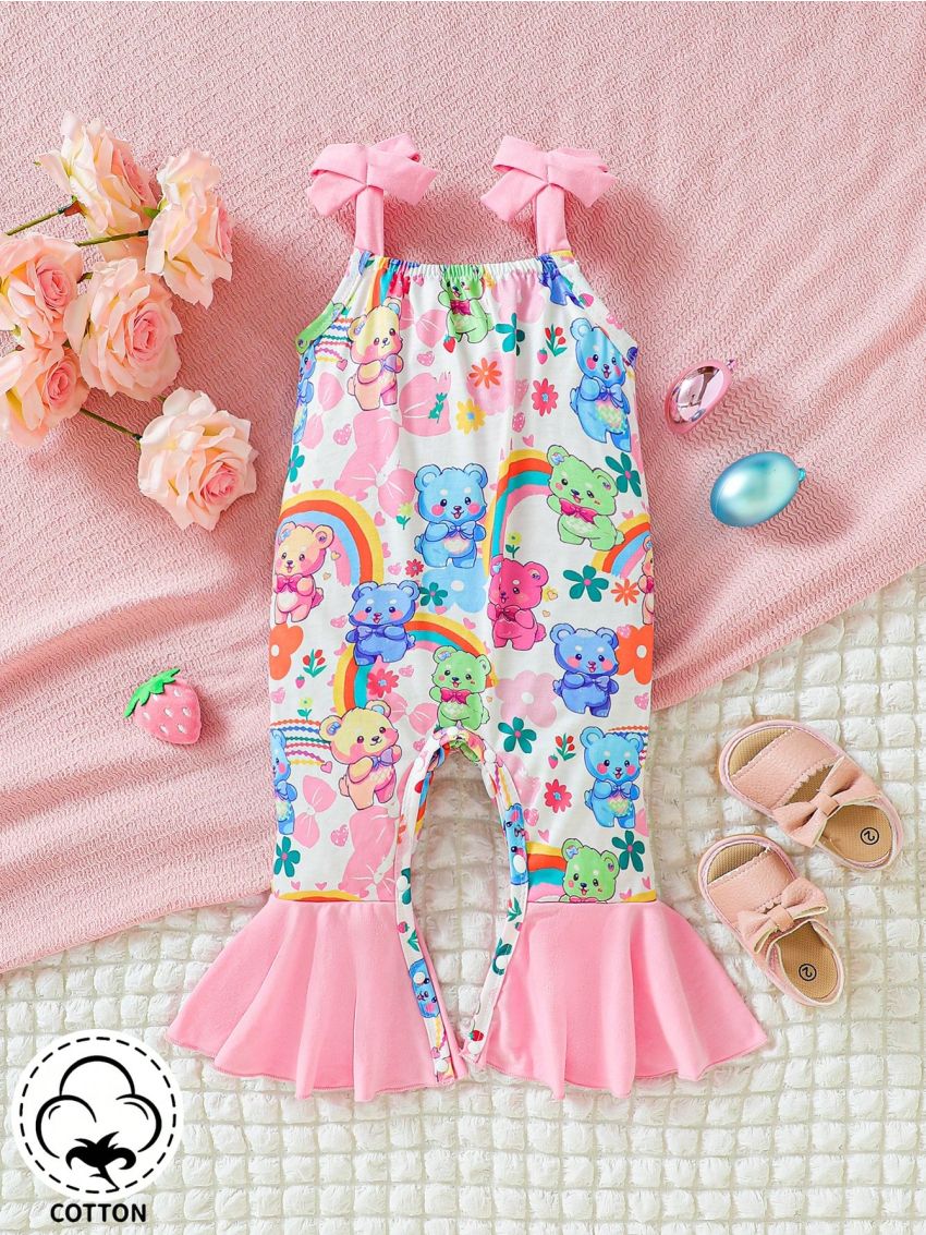 Baby Girl Multicolor Cute Bear Design Jumpsuit With Footies And Bowknot Shoulder Straps