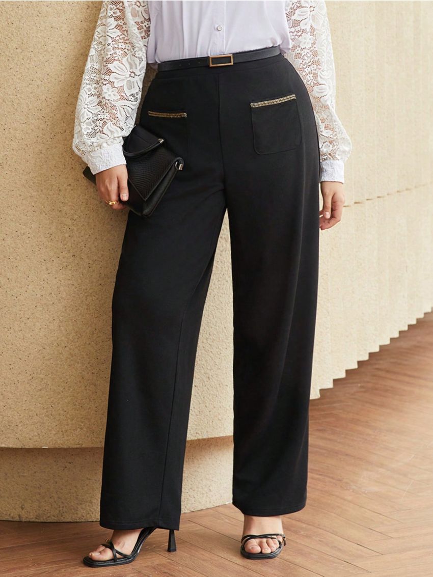 SHEIN BIZwear Plus Size Color Block Chain Decoration High Waisted Suit Pants