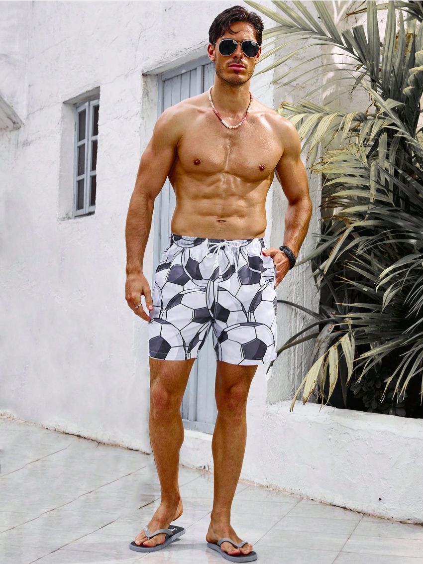 Men's Soccer Printed Drawstring Waist Beach Shorts