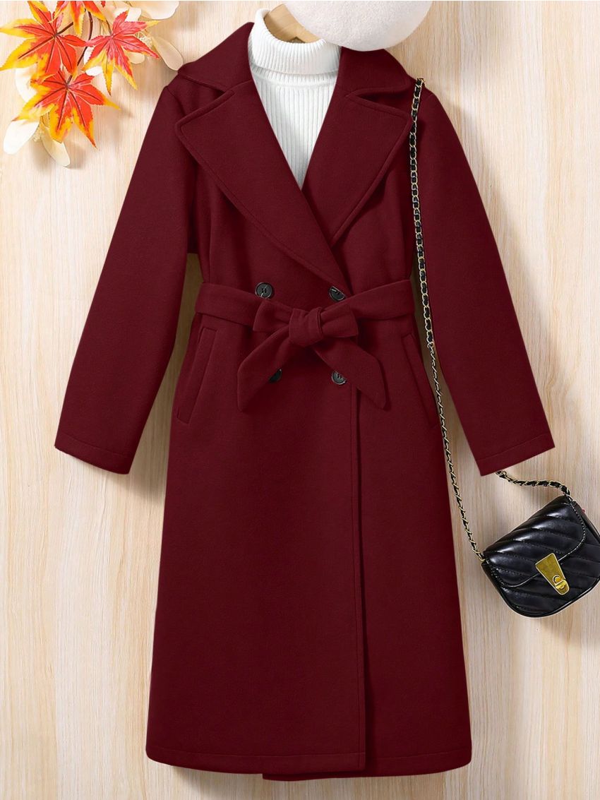 SHEIN Tween Girls Double-Breasted Belted Woolen Coat