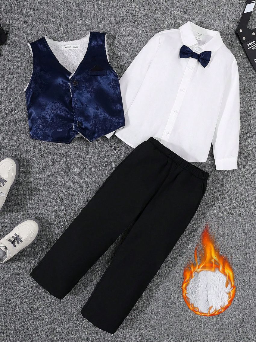 SHEIN Kids FANZEY Young Boy Thermal Lined Button Up Vest Blazer & Pants & Shirt