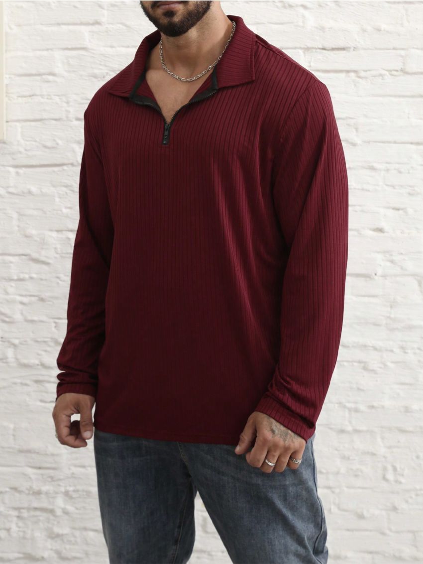 Extended Sizes Men's Half Zip Polo Shirt With Ribbed Collar