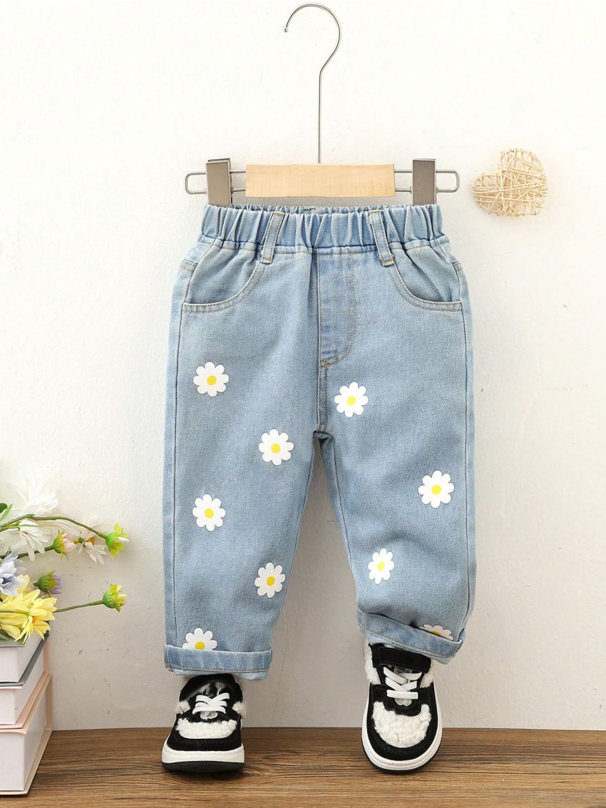 Baby Girls' Casual Cute Floral Doodle Light Blue Washed Soft Denim Straight Leg Jeans