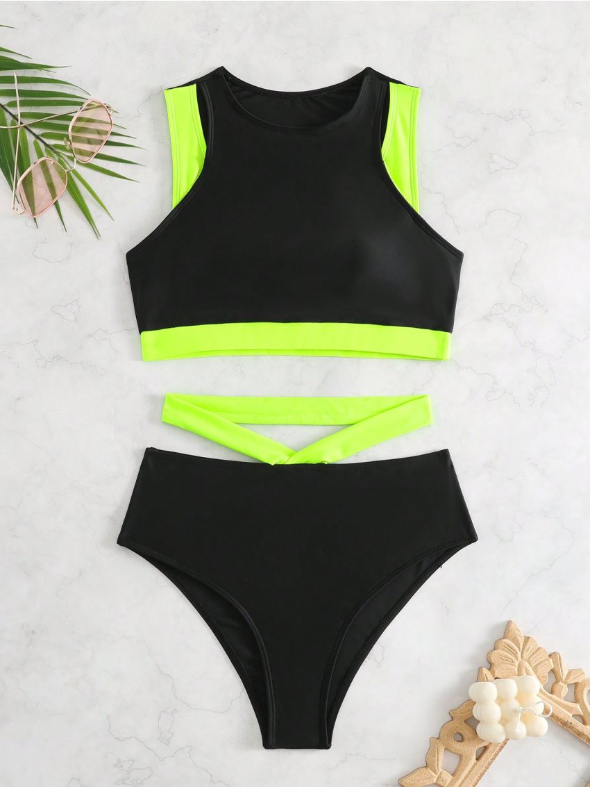 SHEIN Swim Summer Beach Contrast Neon Trim Bikini Set Bathing Suit