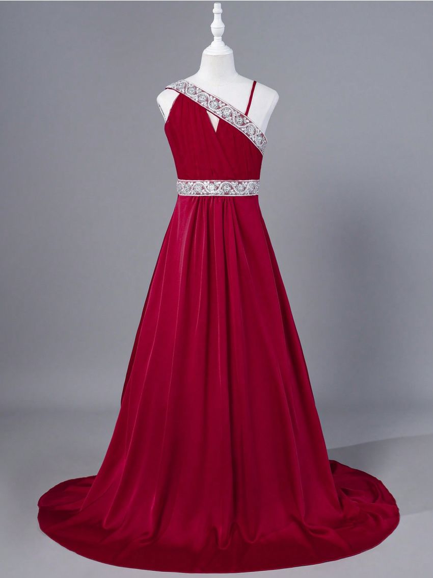 Tween Girls' Wine Red Oblique Shoulder Sequin Embroidery Elegant Party Dress