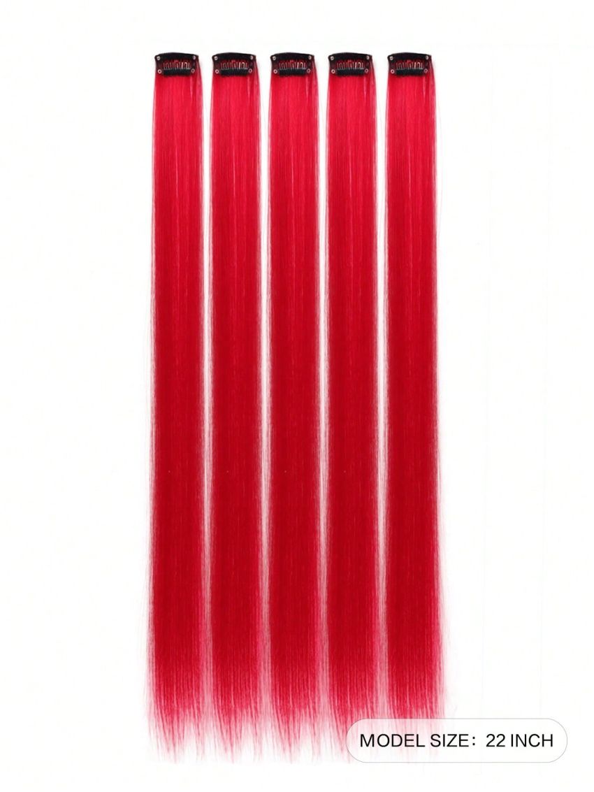 5pcs Set Red Clip In Synthetic Hair Extension Long Straight For Women Girl Kids With Cosply