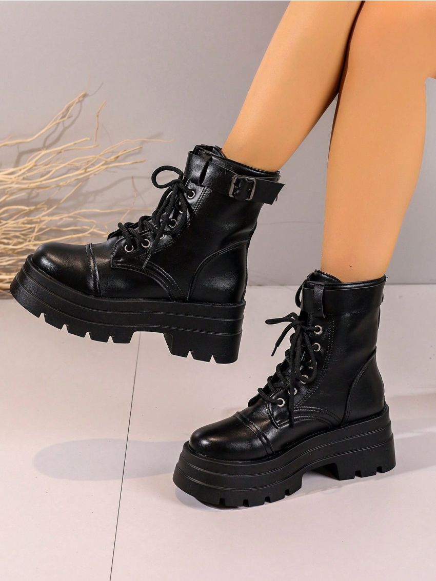 Women's Fashion Thick-soled Belt Buckled Black Pu Boots For Winter, Motorcycle Style, Short Style