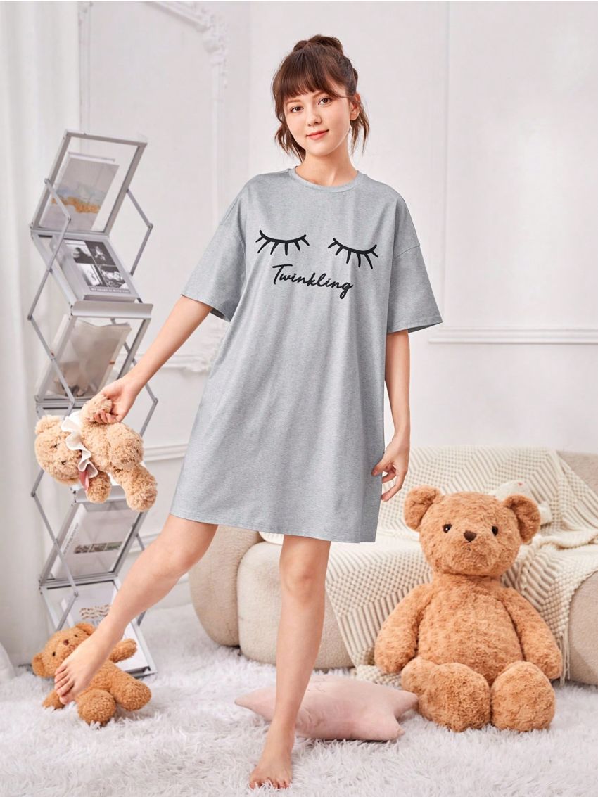 SHEIN Teenage Girls' Knitted Solid Color Eyelash & Letter Print Casual Homewear