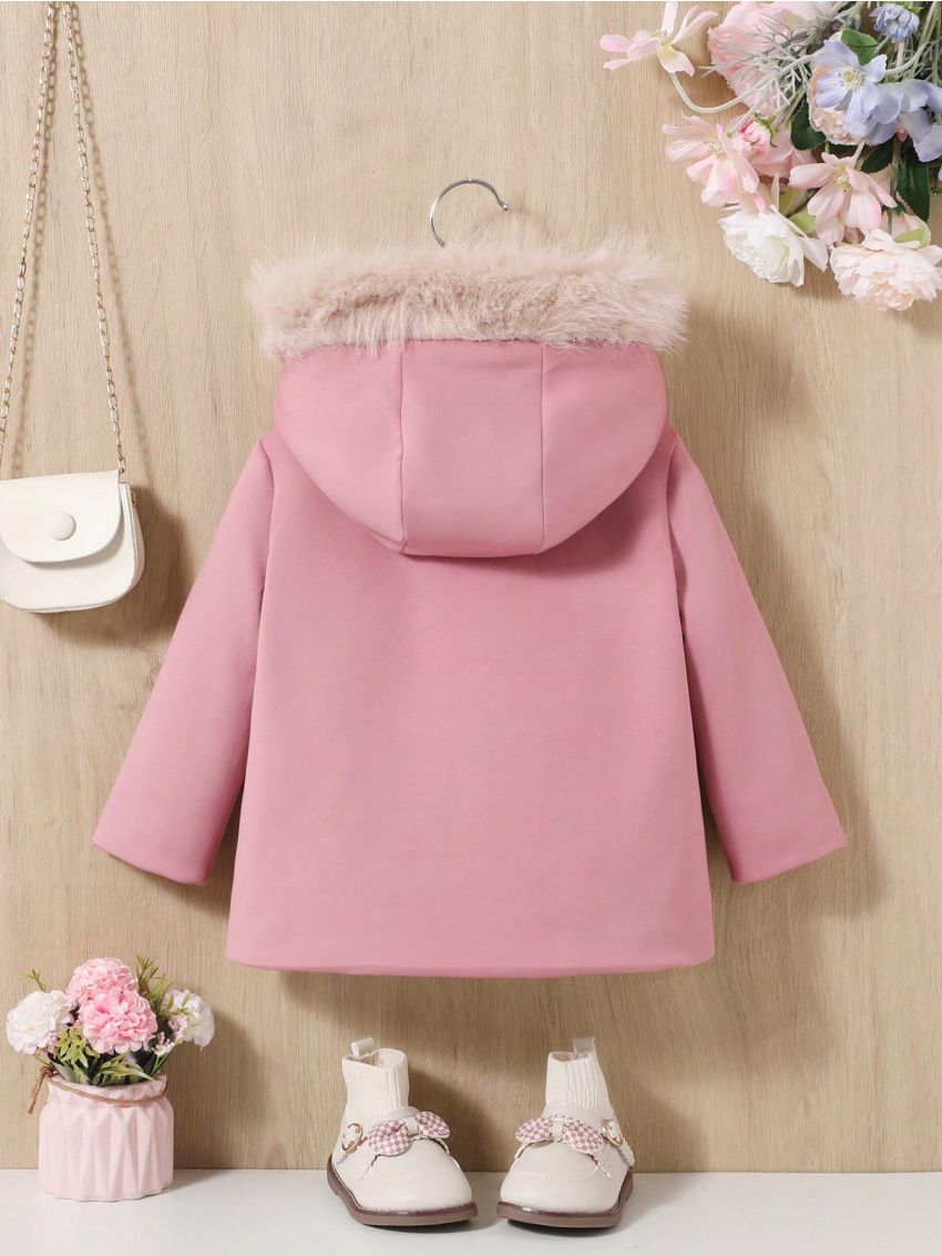 SHEIN Baby Girls' Casual Faux Suede Thickened Fleece Lined Hooded Coat With Collar, Pink