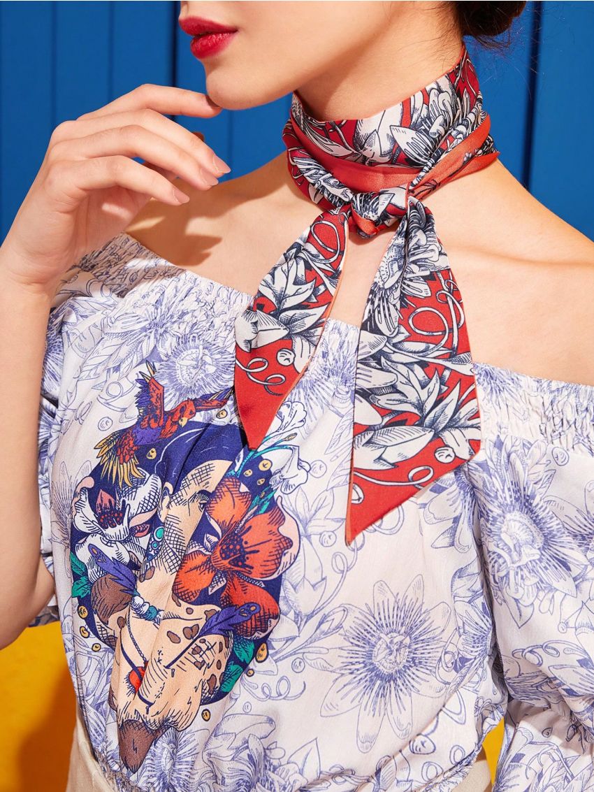 Frida Kahlo X SHEIN 1pc Women Floral Pattern Fashionable Twilly Scarf For Daily Decoration