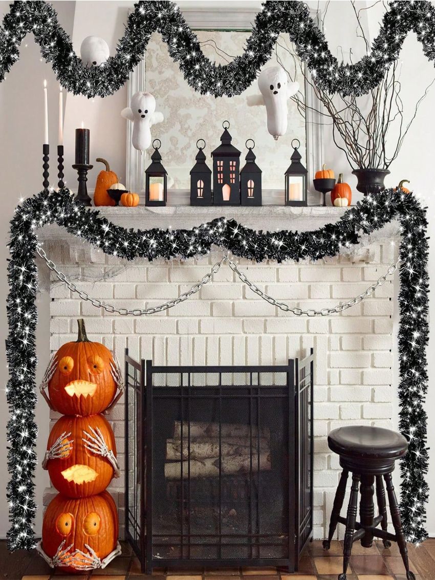 Govetom 2 Pack Total 66 Ft Halloween Garland, Sparkly Metallic Black Tinsel Garland Holiday Tinsel Twist Garlands Hanging Halloween Decorations for Home Indoor Outdoor Halloween Party