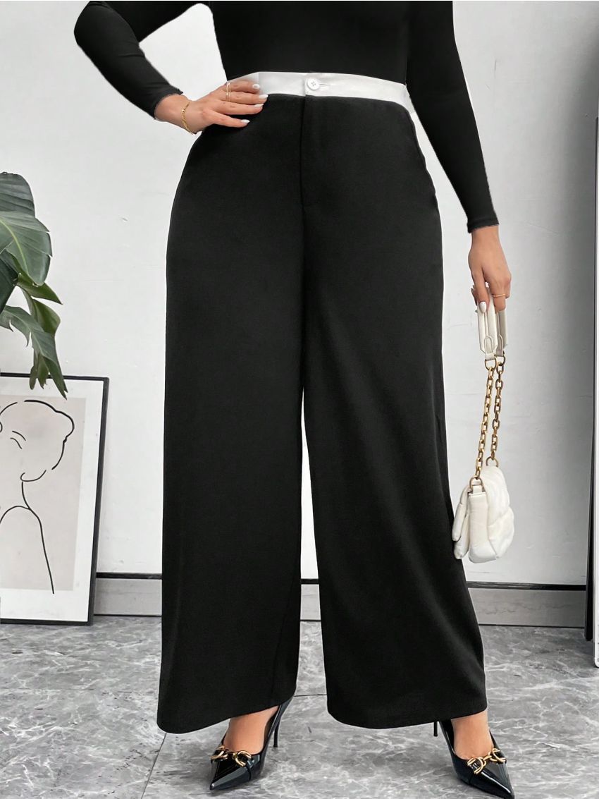 SHEIN Privé Plus Size Women'S Loose Fit Color Block Pants With Elastic Waist
