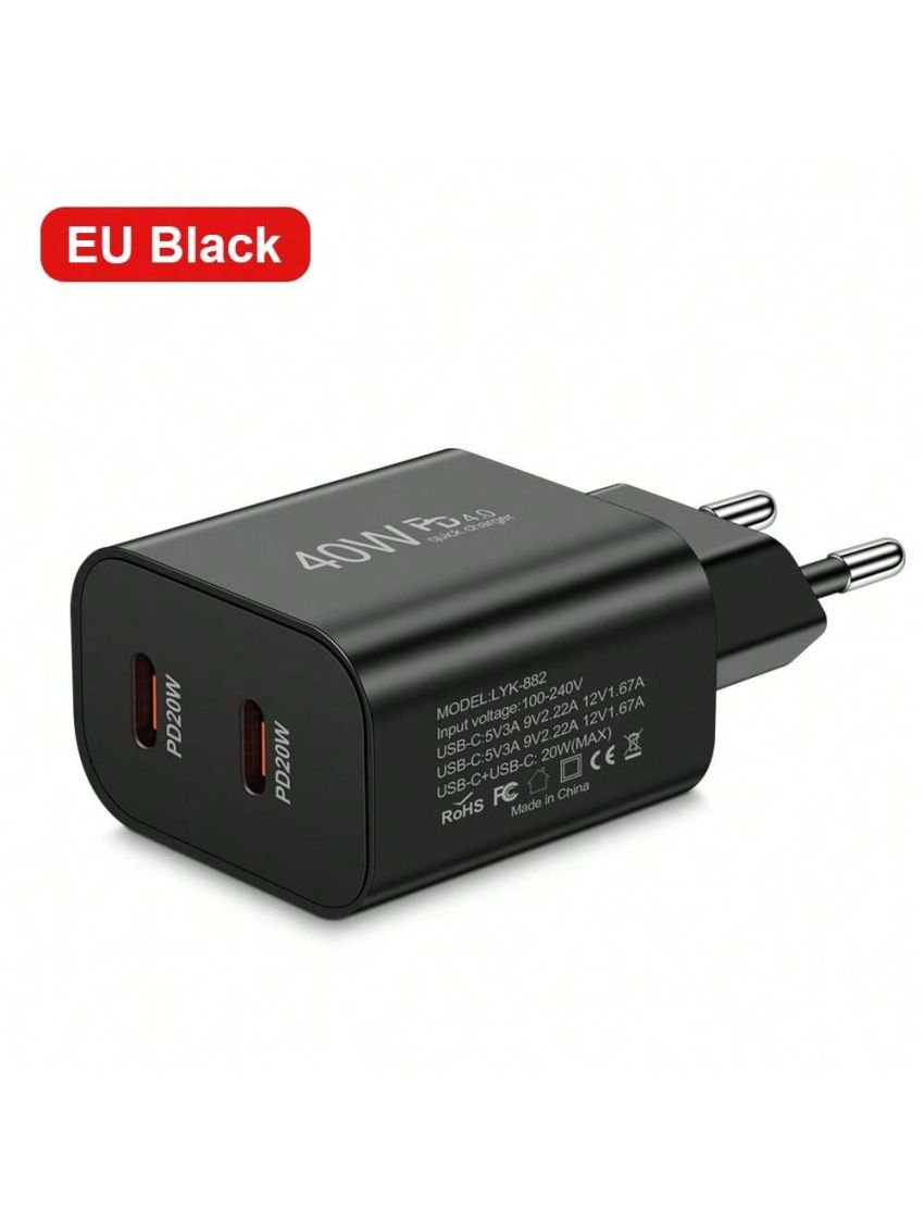 1pc Black European Standard 40w Type-c Charger, Quick Charge 3.0 2pd Port Wall Adapter Compatible With Samsung, Xiaomi, Iphone 14, Huawei