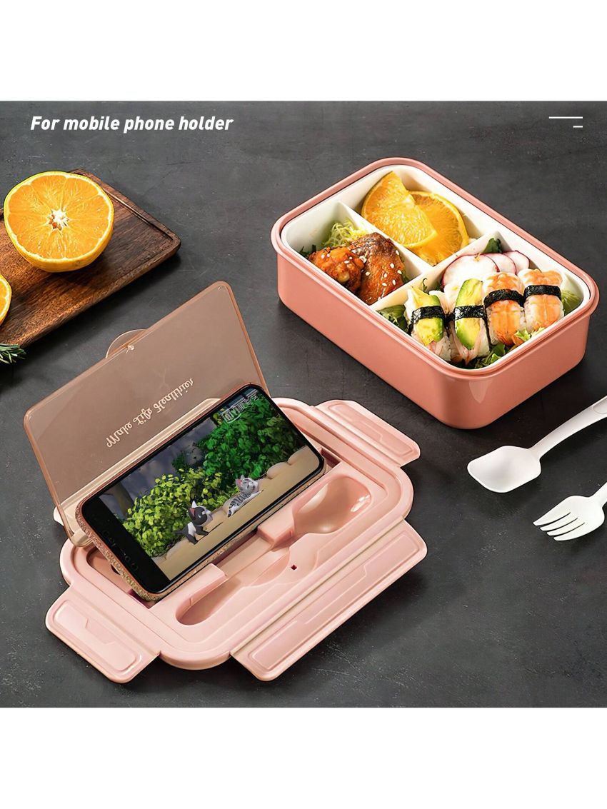 Bento Box for Adult, Lunch Box with 3 Compartments, Cutlery & Set of Knife and Fork, Large Dip Container, Cute Bento Box with Insulation Bag Optional, Phone Holder for Dining