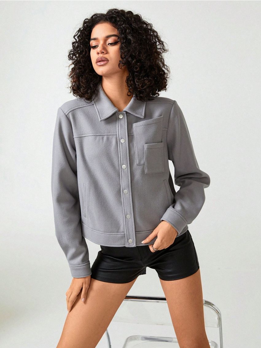 Maria Velarde Solid Button Front Pocket Patched Overcoat