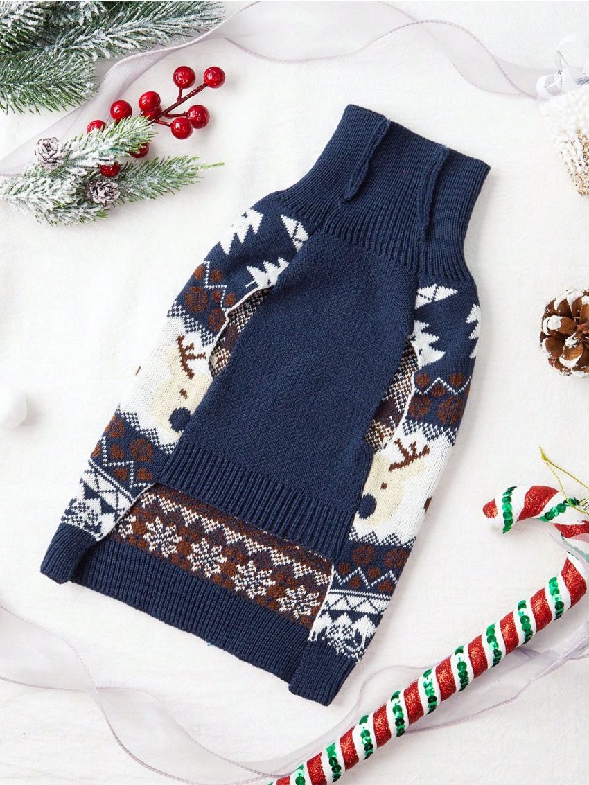 PETSIN Christmas Reindeer & Fair Isle Pattern Blue & White Pet Sweater