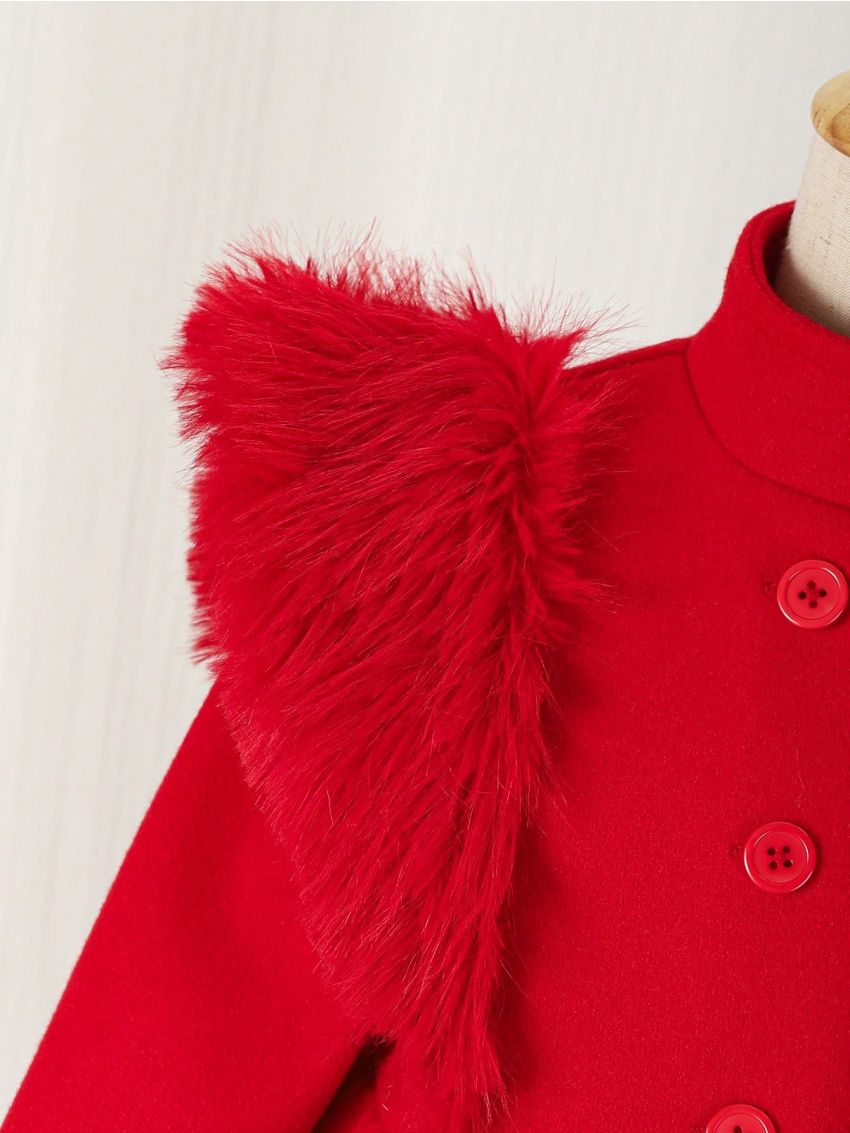 SHEIN Kids Nujoom Young Girl Fuzzy Trim Double Breasted Overcoat