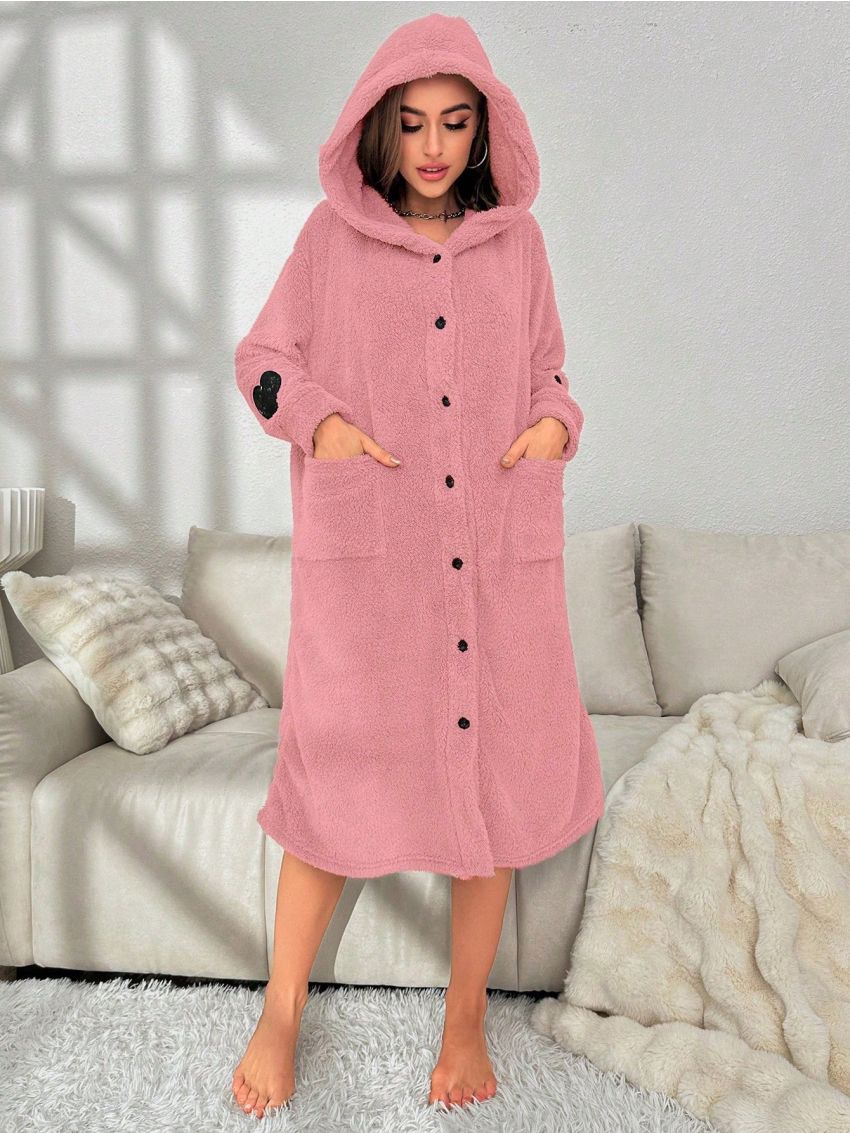 Heart Pattern Drop Shoulder Hooded Flannel Sleep Robe
