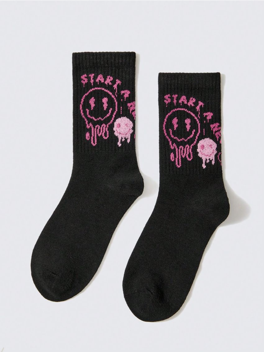 JNSQ 1pair Black & Pink Asymmetrical Face Mid-calf Socks